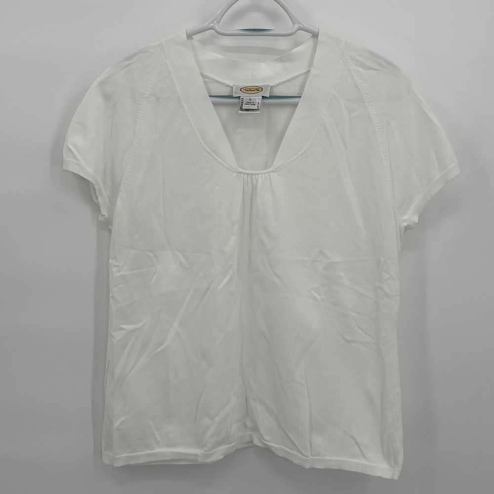 Talbots Womens Large White Short Sleeve V-Neck Rayon‎ Blend Knit Sweater Top L